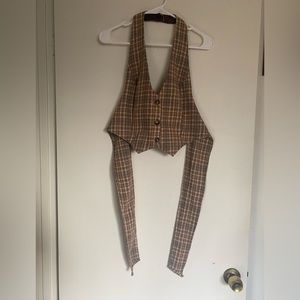 Shein Halter Tie Vest Brown Plaid Tweed Button Front Size L